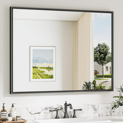 Keonjinn 40 x 30 Inch Black Bathroom Mirrors for Over Sink, Metal Frame | Rectangular Mirrors for Wall, Beveled Framed Design, Rustic Bathroom Vanity Mirror, Safety HD Tempered Glass, Square Corner