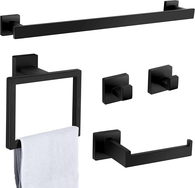 Herogo 5 Pieces Bathroom Accessories Set, 23.5 Inch Matte Black Bathroom Hardware Set, Including Toilet Paper Holder, Hand Towel Holder, Hooks & Ring, Bath Towel Racks Bars Wall Mount