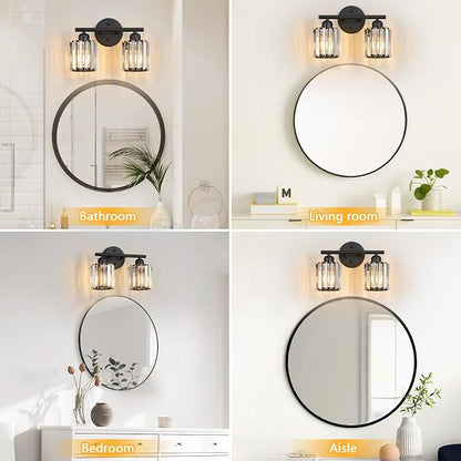 Modern 2 Light Crystal Vanity Light, Black Vertical Bathroom Light Fixture Over Mirror for Dressing Table Sink, Compatible with Dimmable Bulbs (Bulbs Not Included)