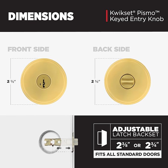 Kwikset Pismo Entry Door Knob with Lock and Key, Secure Keyed Handle Exterior Doorknob, Front Entrance and Bedroom, Satin Brass, Round, Pick Resistant SmartKey Rekey Security, Microban Protection