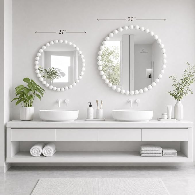 Madison Park 27 inch White Round Mirror, Round Mirrors for Wall Decor, Metal Frame Circle Mirrors for Bathroom, Living Room, Circle Wall Metal Art Mirror