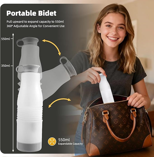 Hibbent 2 Pack Portable Bidet for Travel, High Pressure Electric Handheld Bidet Sprayer, 350-550ML Expandable Bottle for Personal Hygiene, USB-C Rechargeable for Women & Men, Pure White