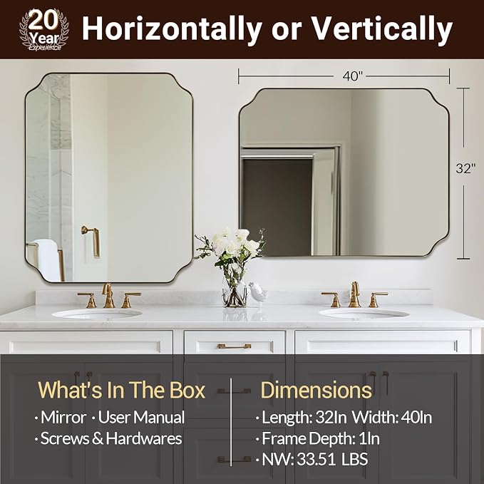 32X40 Inch Brushed Gold Scalloped Bathroom Mirror | Rustproof Stainless Steel Frame, Unique Notched Corners, Horizontal & Vertical Mount, Ideal for Bathroom, Powder Room