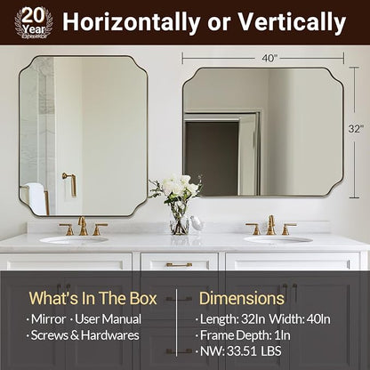 32X40 Inch Brushed Gold Scalloped Bathroom Mirror | Rustproof Stainless Steel Frame, Unique Notched Corners, Horizontal & Vertical Mount, Ideal for Bathroom, Powder Room