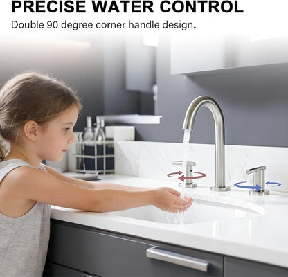 Brushed Nickel Bathroom Faucet 3 Hole, VAPSINT 8 Inch Widespread Bathroom Sink Faucet, 2 Handle Modern Bathroom Faucets for Vanity Lavatory RV Restroom with Pop Up Drain & Supply Hoses, VAP-BF311