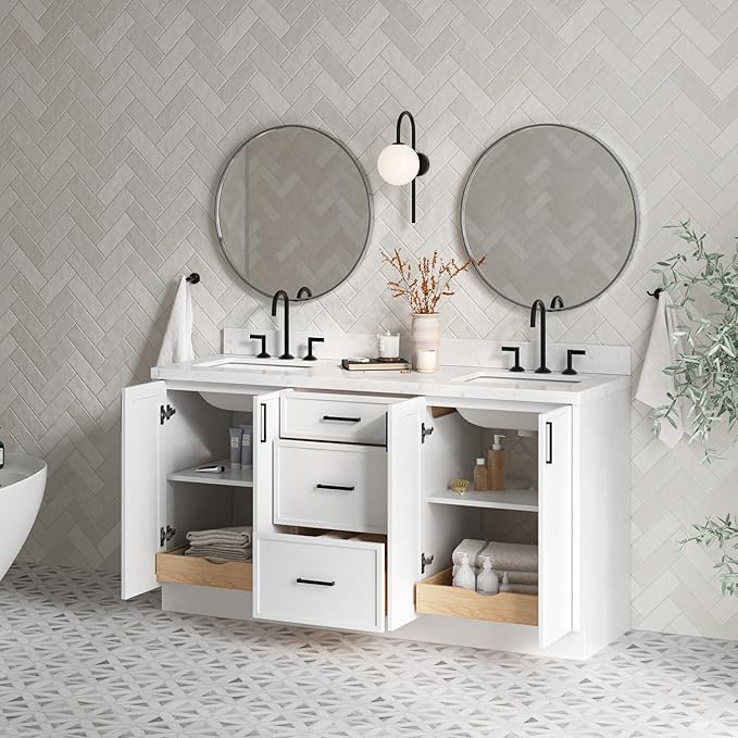 ARIEL Kelly 66-inch Bathroom Vanity with Sink,Solid Wood, 1.5-inch Carrara White Quartz Countertop & Backsplash, Double Rectangular Porcelain Sink, 4 Soft Closing Doors, 5 Dovetail Drawers, White