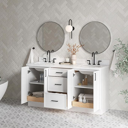 ARIEL Kelly 66-inch Bathroom Vanity with Sink,Solid Wood, 1.5-inch Carrara White Quartz Countertop & Backsplash, Double Rectangular Porcelain Sink, 4 Soft Closing Doors, 5 Dovetail Drawers, White