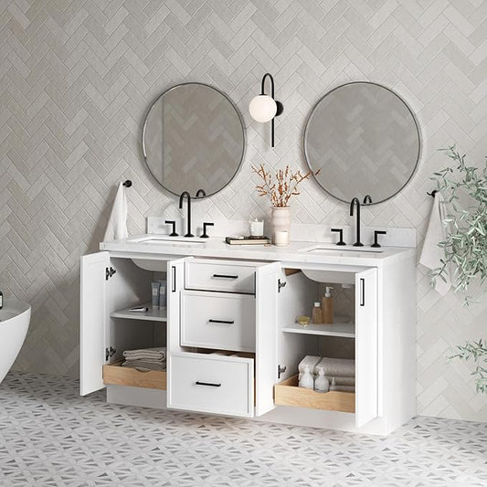 ARIEL Kelly 66-inch Bathroom Vanity with Sink,Solid Wood, 1.5-inch Carrara White Quartz Countertop & Backsplash, Double Rectangular Porcelain Sink, 4 Soft Closing Doors, 5 Dovetail Drawers, White