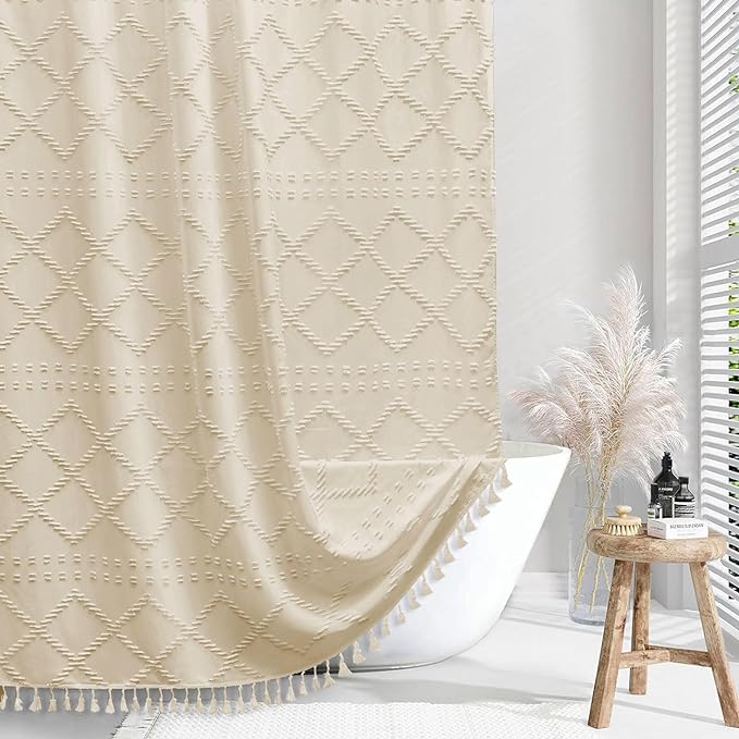 Siiluminisoy Boho Farmhouse Shower Curtain - Woven Fabric Cream/Beige, 60 x 72 Tufted Chevron Textured Striped Modern Minimalist for Bathroom