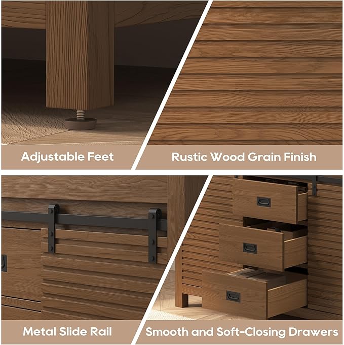 48 Inch Bathroom Vanity with Sink, Farmhouse Solid Wood Frame Vanity with Sink, Sliding Barn Door Bathroom Storage Cabinet with Soft-Closing Dovetail Drawers, Brown Oak