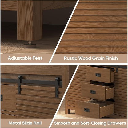 48 Inch Bathroom Vanity with Sink, Farmhouse Solid Wood Frame Vanity with Sink, Sliding Barn Door Bathroom Storage Cabinet with Soft-Closing Dovetail Drawers, Brown Oak