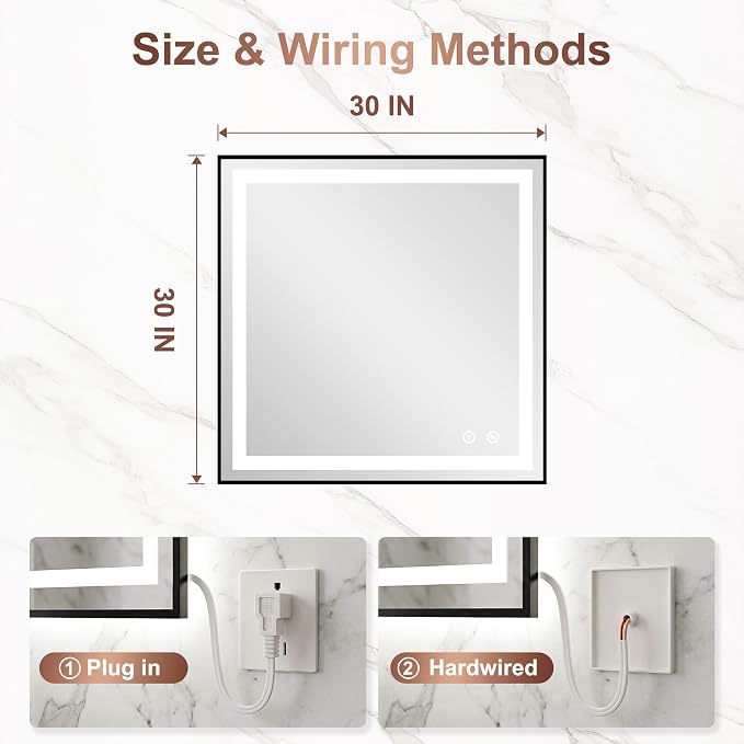 LED Bathroom Mirror with Lights, 30"x30" Black Framed Lighted Vanity Mirror | Anti-Fog, Dimmable 3 Color Temperature, Front & Backlit, Memory Function, Shatterproof Tempered Glass
