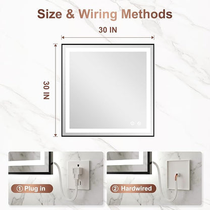LED Bathroom Mirror with Lights, 30"x30" Black Framed Lighted Vanity Mirror | Anti-Fog, Dimmable 3 Color Temperature, Front & Backlit, Memory Function, Shatterproof Tempered Glass