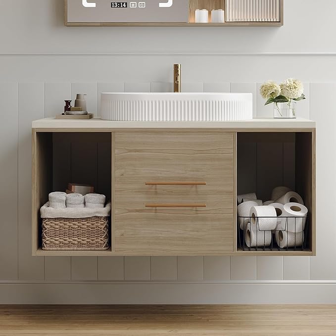 40" Modern Oak Bathroom Vanity Floating Bathroom Vanities with Above-Ground Oval Ceramic Sink 40-inch Wall Mounted Bathroom Sink Cabinet with 2 Drawers&2 Open Shelves&Gold Metal Handle
