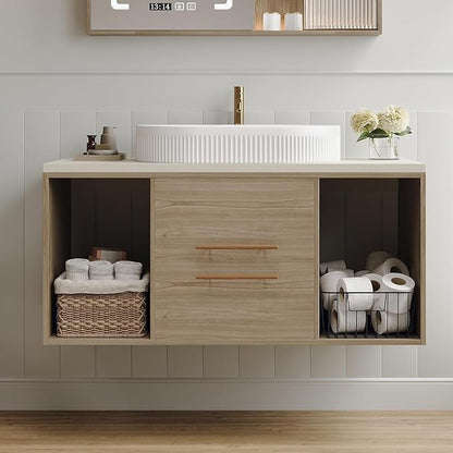 40" Modern Oak Bathroom Vanity Floating Bathroom Vanities with Above-Ground Oval Ceramic Sink 40-inch Wall Mounted Bathroom Sink Cabinet with 2 Drawers&2 Open Shelves&Gold Metal Handle