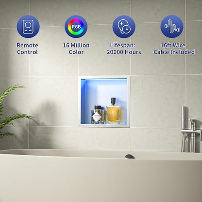 Stainless Steel LED Shower Niche 12" X 12" Brushed with RGB Light Waterproof Hardwired Dimmable No Tile Needed Recessed Wall Niche Shower for Bathroom Storage Over Mount Installation