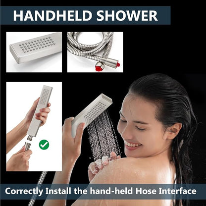 Aolemi Ceiling Shower Faucet Set with Handheld 10" LED Head Brushed Nickel | Handheld Spray,10 Inch Rain LED Head,Shower Valve and Trim Kit,All Metal,Ceiling System,Bathroom Mixer