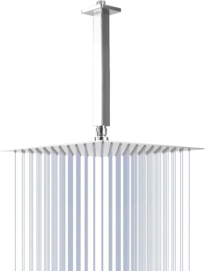 NearMoon Rain Shower Head With Shower Arm, Ceiling Mount Square Shower, Stainless Steel Ceiling Rainfall Showerhead- Waterfall Full Body Coverage (12 Inch, Chrome)