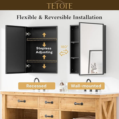 TETOTE 60" x 30" Black Recessed Medicine Cabinets Mirror Bathroom Storage Cabinet Mirror with Adjustable Shelves for Farmhouse Vanity