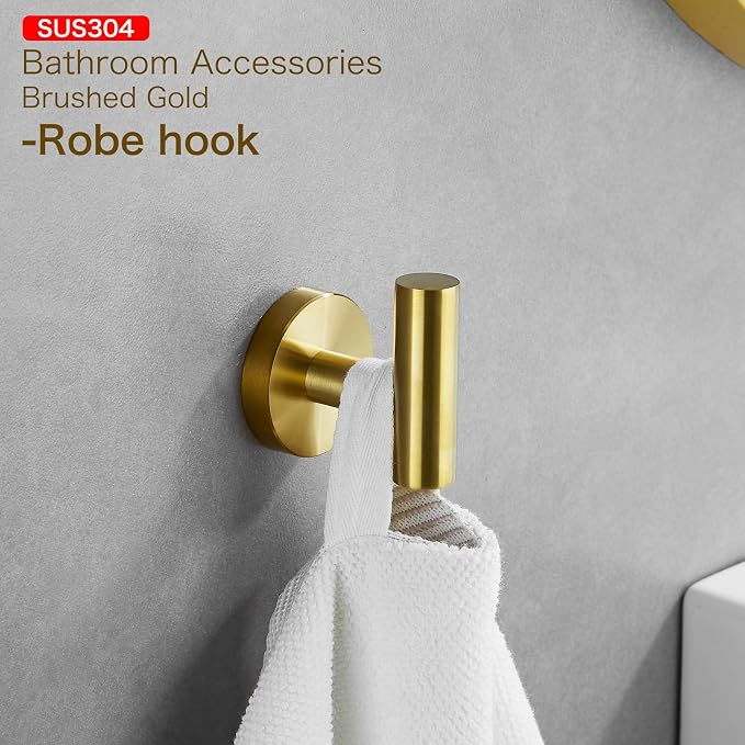 Bathroom Hardware Set, Brushed Gold, 24in, 4-Piece | Stainless Steel, Wall-Mounted, Towel Bar, Toilet Paper Holder, Towel Ring, Towel Hooks, Adjustable
