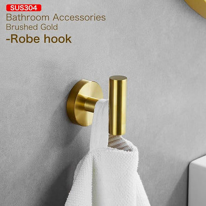 Bathroom Hardware Set, Brushed Gold, 24in, 4-Piece | Stainless Steel, Wall-Mounted, Towel Bar, Toilet Paper Holder, Towel Ring, Towel Hooks, Adjustable