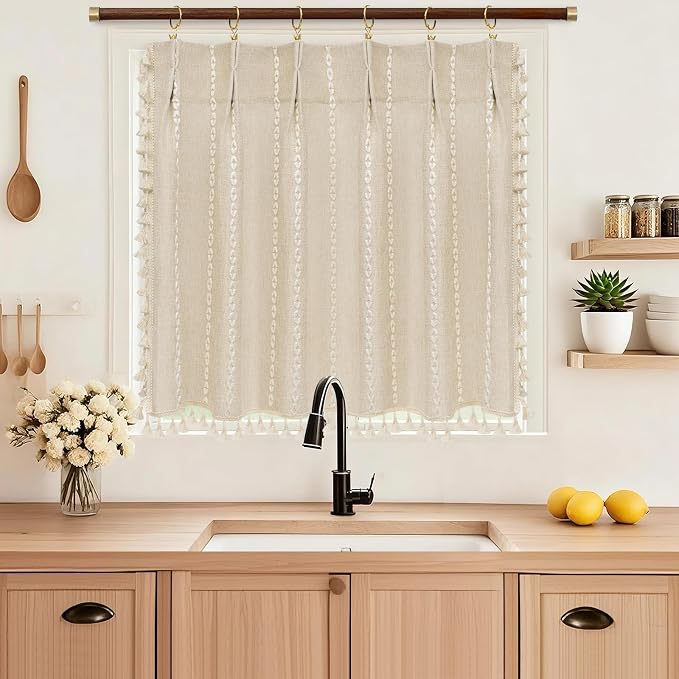 Seenus Beige Boho Farmhouse Window Curtain with Tassels, 30 x 36 Inch Light Filtering Sheer Short Cafe Window Curtain Tier, Linen Textured Pleated Small Window Drape for Kitchen or Bathroom, 1 Panel