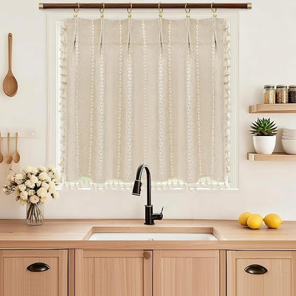 Seenus Beige Boho Farmhouse Window Curtain with Tassels, 30 x 24 Inch Light Filtering Sheer Short Cafe Window Curtain Tier, Linen Textured Pleated Small Window Drape for Kitchen or Bathroom, 1 Panel