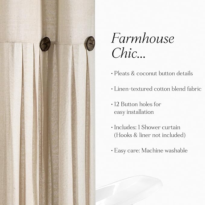 Lush Decor Linen Button Shower Curtain, 72" W x 72" L, Dark Linen - Beige Shower Curtain Fabric - Rustic Bathroom Curtain - Farmhouse Bathroom Decor