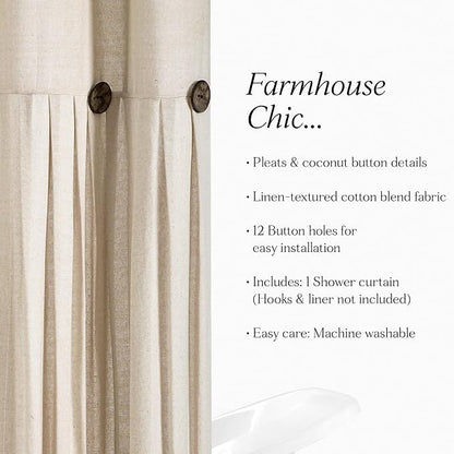 Lush Decor Linen Button Shower Curtain, 72" W x 72" L, Dark Linen - Beige Shower Curtain Fabric - Rustic Bathroom Curtain - Farmhouse Bathroom Decor