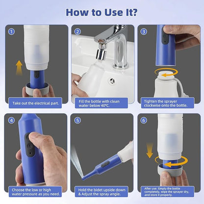 Hibbent Portable Bidet for Travel, High Pressure Electric Handheld Bidet Sprayer, 350-550ML Expandable Bottle for Personal Hygiene, USB-C Rechargeable Waterproof, Travel Sprayer for Women & Men, Blue