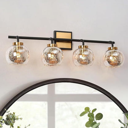 KSANA Black Gold Vanity Light, Modern 4-Light Bathroom Light Fixture with Mercury Glass Shade, Electroplating Brass 29.5”L Globe Vanity Lighting Over Mirror