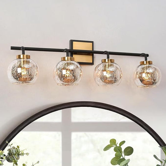KSANA Black Gold Vanity Light, Modern 4-Light Bathroom Light Fixture with Mercury Glass Shade, Electroplating Brass 29.5”L Globe Vanity Lighting Over Mirror