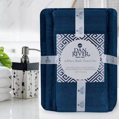 DAN RIVER 8 Piece Luxury Bath Towels for Bathroom, Towel Set, Blue Opal | 2 Bath towels, 2 Hand towels, and 4 Wash Cloths, 600 GSM 100% Ring Spun Cotton, Highly Absorbent, Gym, Hotel, guest, and Spa
