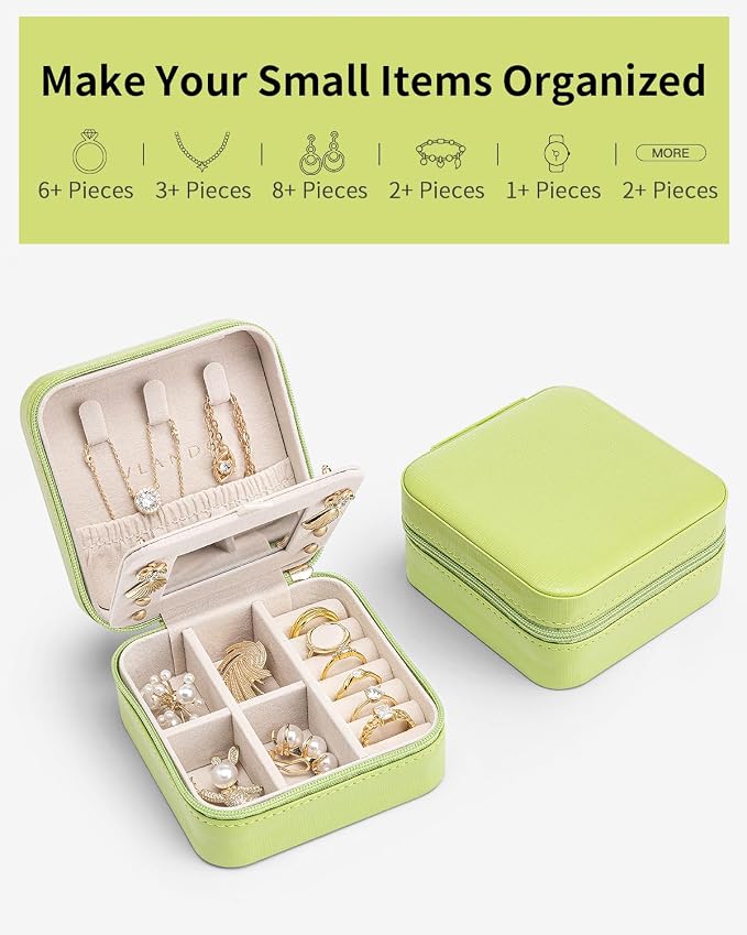 VLANDO Travel Jewelry Case with Mirror, Storage 3 Pairs of Stud Earrings | Necklace Hook for Anti-tangle, Removable Dividers, Waterproof PU Leather,Portable Storage for Rings, Necklace Gifts for Women