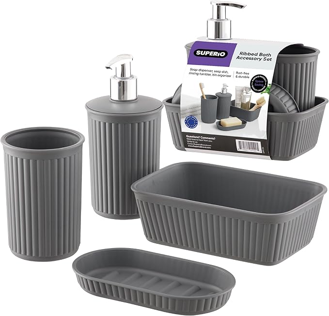 Superio Ribbed Collection - Decorative Plastic Bathroom Accessories Set, Grey (Set of 4) Soap Dish Liquid Dispenser, Toothbrush Holder Cup, Vanity Organizer Tray - Bath Accessory Countertop Decor Gift