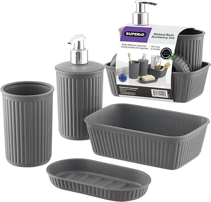 Superio Ribbed Collection - Decorative Plastic Bathroom Accessories Set, Grey (Set of 4) Soap Dish Liquid Dispenser, Toothbrush Holder Cup, Vanity Organizer Tray - Bath Accessory Countertop Decor Gift