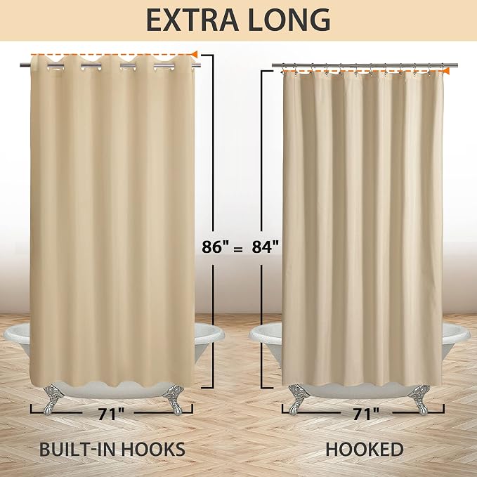 River Dream Extra Long Shower Curtain No Hooks or Liner Needed, Beige | Soft Microfiber, 84" Long Fabric Shower Curtain Set Waterproof, Bottom Magnets, Machine Washable, 71W x 86H(84H)