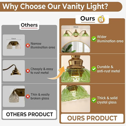 Redluck Vintage Bathroom Vanity Light Fixture, 3-Light Bathroom Lighting Fixtures Over Mirror, Antique Brass Finish with Green Crystal Glass Shade, Wall Sconces Lighting for Bedroom, Living Room