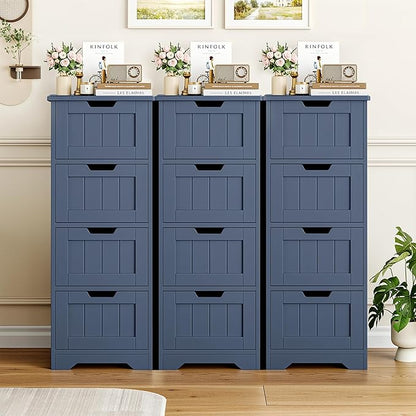 FOTOSOK Bathroom Storage Cabinet, Bathroom Cabinet with 4 Drawers, 11.8” x 11.8” x 32.5” Freestanding Entryway Cupboard Storage Organizer Unit Home Furniture Decor, Blue