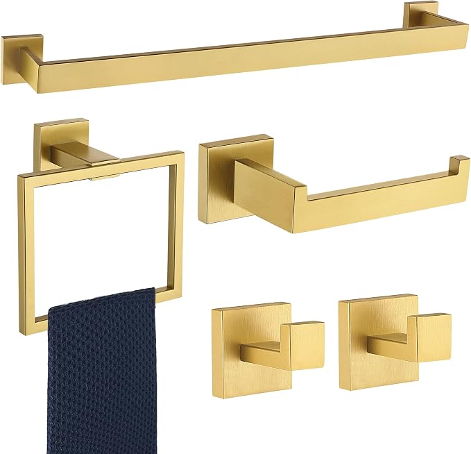 5 Pieces Bathroom Hardware Accessories Set Brushed Gold, 24Inch Bathroom Towel Rack Set SUS304 Stainless Steel, Square Bath Towel bar Set Wall Mounted, Heavy Duty