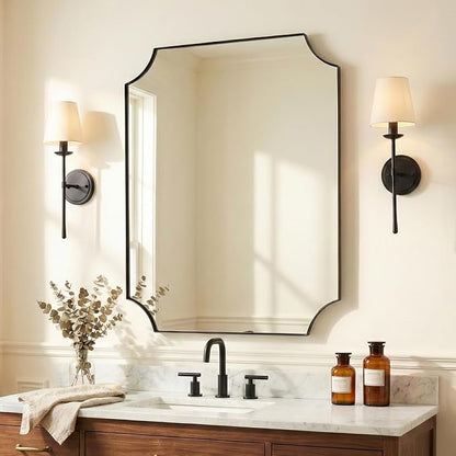24"x30" Scalloped Vanity Mirror, Matte Black Framed Bathroom Mirror, Modern Wall Mirror in Premium Stainless Steel Frame, Aesthetic Scalloped Corner Design, Ideal for Bathroom Remodel