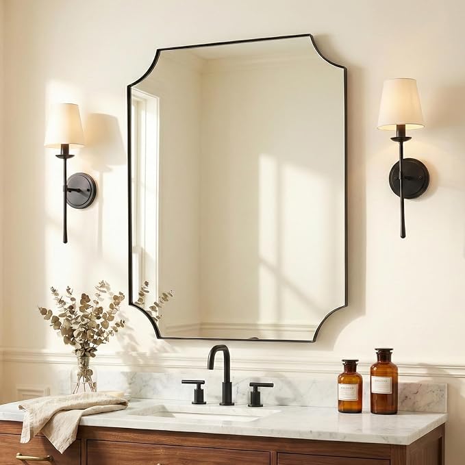 24x36 Inch Matte Black Scalloped Wall Mirror for Bathroom | Premium Stainless Steel Frame, Unique Rectangle Mirror with Scalloped Edge Design, Two-Way Mount, Ideal for Bath Remodel