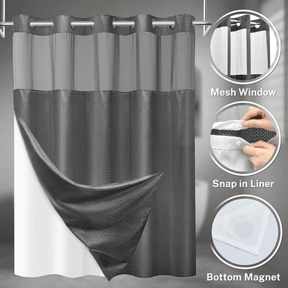 SORTTO No Hook Shower Curtain with Snap in Liner Set Waffle Shower Curtain for Bathroom Hotel Style Fabric Waterproof Inner Liner，54" W x 80" H, Dark Grey