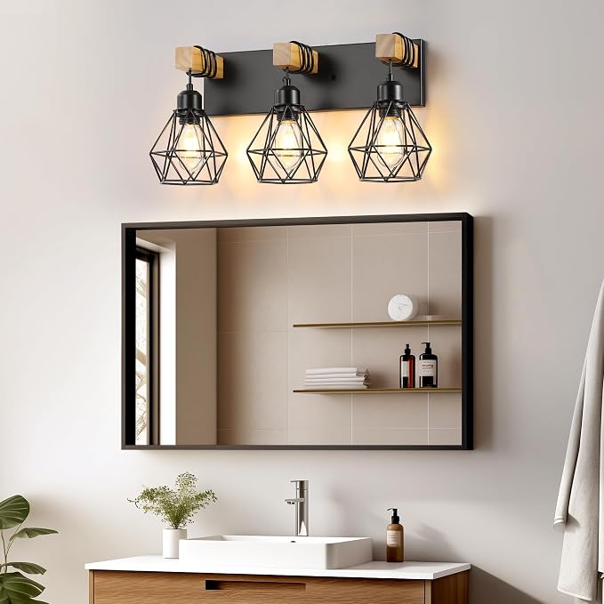 maesta 3 Light Bathroom Vanity Light, Farmhouse Black Fixture Over Mirror | Farmhouse Bathroom Light Fixtures, Wood & Metal, Anti-Rust, Easy to Install for Rustic Bathroom Hallway