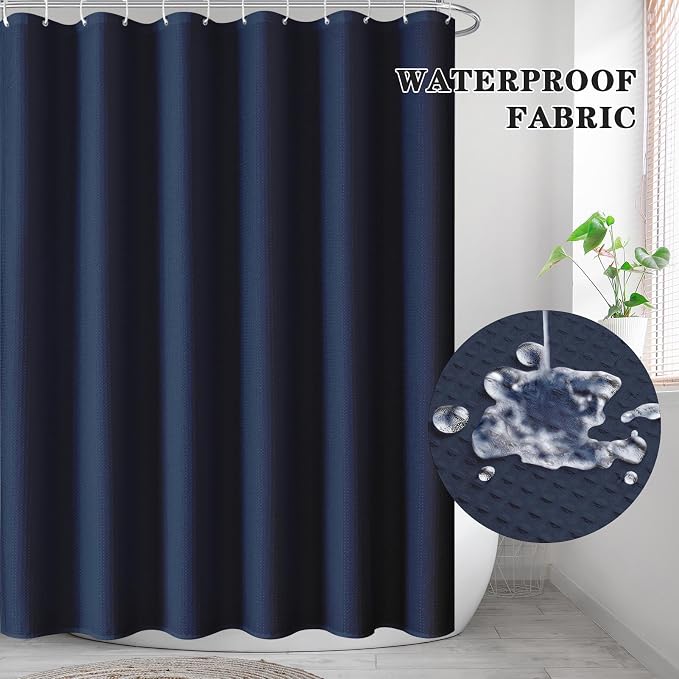 Shower Curtain Set, for Bathroom Decor 72" x 72", Modern Navy | Navy Waffle Textured Solid Waffle Textured Cloth Waterproof Matching Window Shower Curtain 36 x 30 Inches