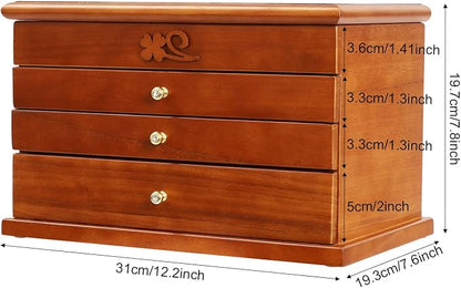 Large Wooden Jewelry Box with Mirror, 4 Layers Jewelry Organizer with 3 Drawers, Watches Necklace Ring Storage Box for Women