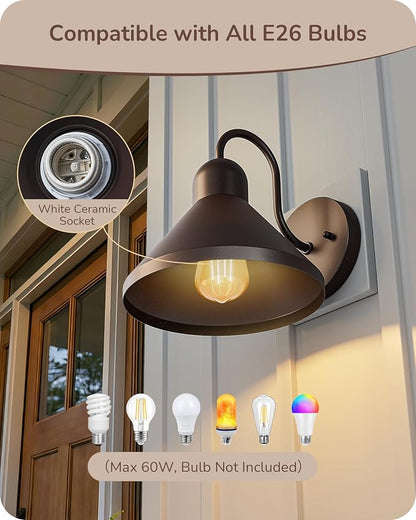 EDISHINE 2 Pack 8" Gooseneck Barn Outdoor Wall Light, Farmhouse Porch Light | Hardwired, E26 Socket, Brown Wall Mount Lantern for Porch, Entryway, Garage, Garden, Patio