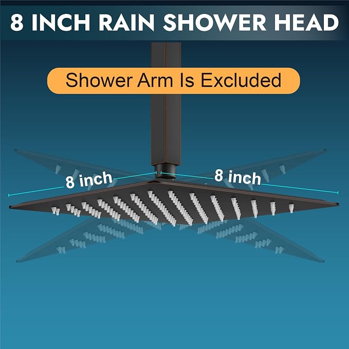 Midanya Square Rain Shower Head,High Pressure,Oil Rubbed Bronze 8 Inch | 360°Swivel,Ceiling or Wall Mount,Waterfall Full Body Coverage,Bathroom Remodel,Stainless Steel Large Rainfall Shower Head