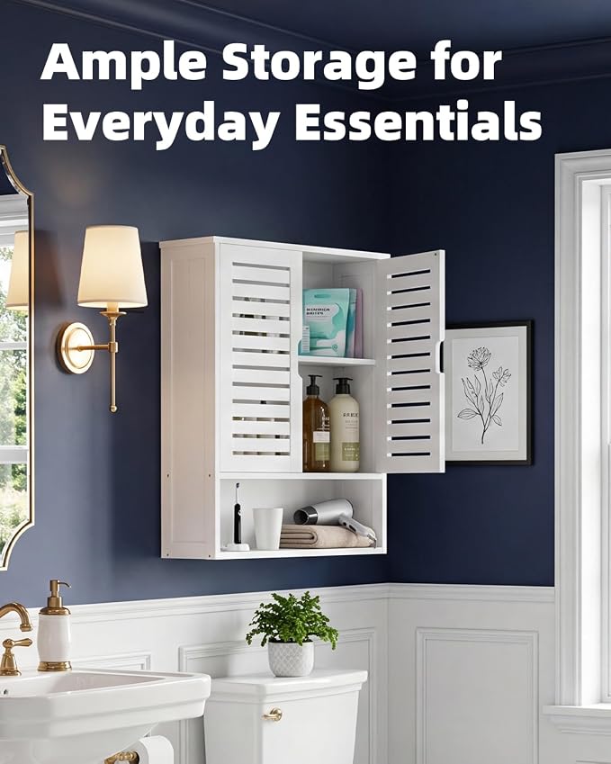 SMIBUY Bathroom Cabinet Wall Mounted, Bamboo Over-The-Toilet Storage Organizer, Space Saver Medicine Cabinet with 2 Door and Adjustable Shelves (White)