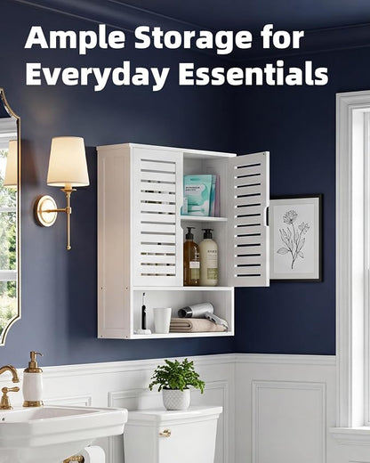 SMIBUY Bathroom Cabinet Wall Mounted, Bamboo Over-The-Toilet Storage Organizer, Space Saver Medicine Cabinet with 2 Door and Adjustable Shelves (White)